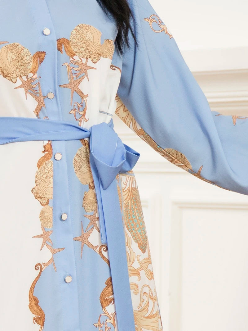 Elegant Women's Long-Sleeve Dress with Belt - Chic Geometric Print, High-Quality Polyester, Perfect for All Seasons