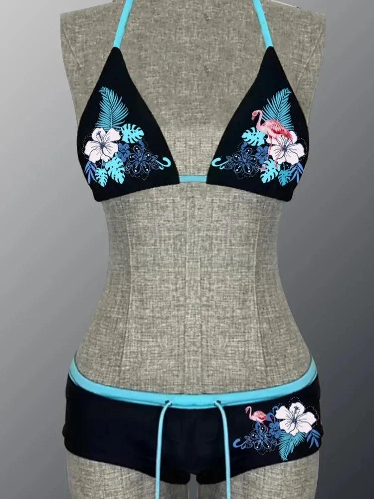 Sexy Hottie Print Laced Up Backless Bikini 2 Piece Set Women Split Swimsuit Beach Bikini 2025 New Summer Swimwear Bikinis Set