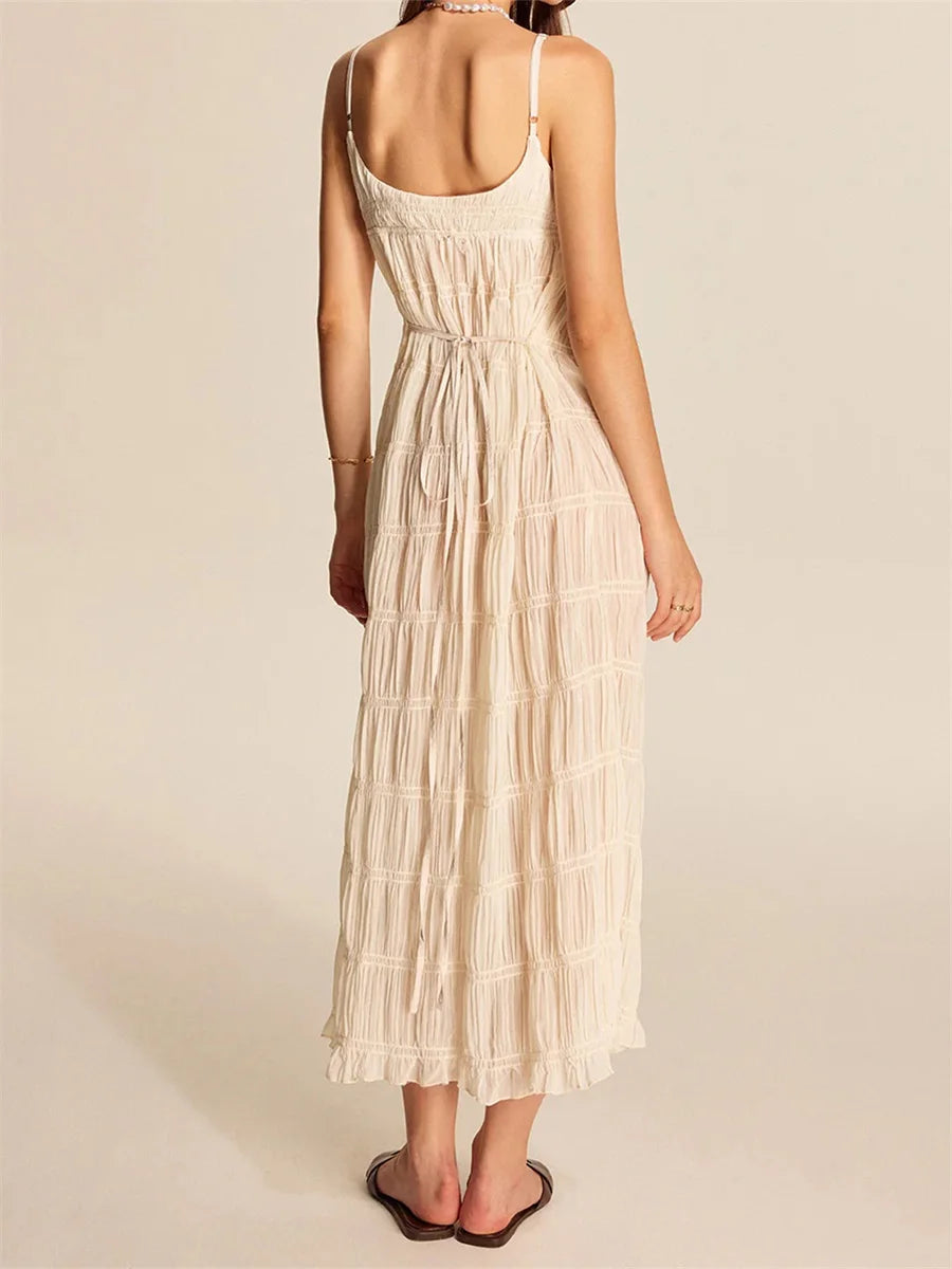 Elegant Floral Print Maxi Dress with Ruffle Hem and Adjustable Spaghetti Straps for Women s Summer Beach Party