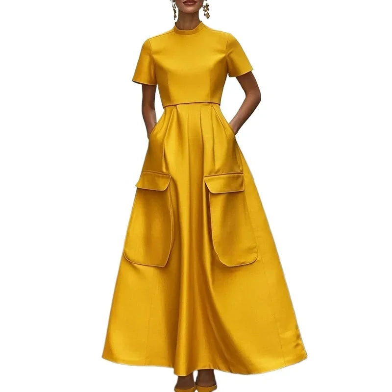 Elegant Yellow Pleated Woman Summer Dress 2025 New Summer Fashion Pockets Female Vestidos Casual High Waist Lady Robe