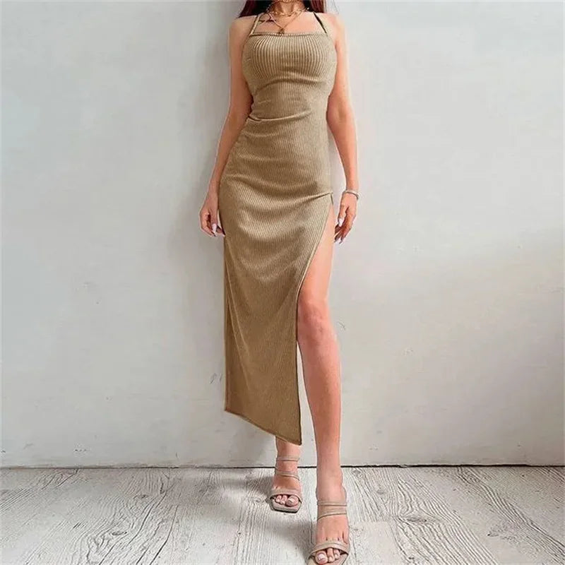 Sexy Black Long Bodycon Dress Women Summer Sleeveless Backless Halter Neck Spaghetti Strap Dresses High Split Vestidos