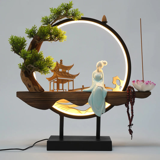 Backflow Incense Holder with LED Light and Pines, Ceramic Lady Chinese Style Backflow Incense Burner Perfect for Relaxing