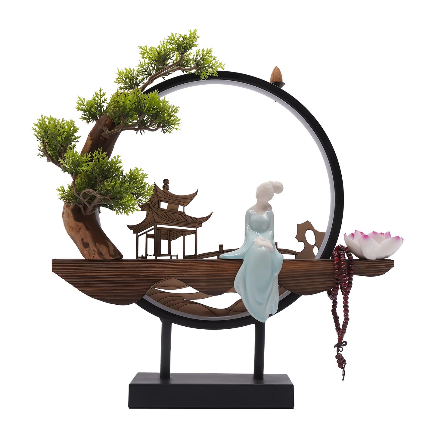 Backflow Incense Holder with LED Light and Pines, Ceramic Lady Chinese Style Backflow Incense Burner Perfect for Relaxing
