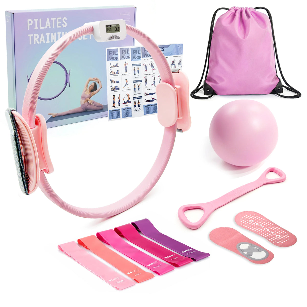 MaxU Pilates Ring and Bar Workout Set, Home Resistance Exercise Equipment, Pink or Purple