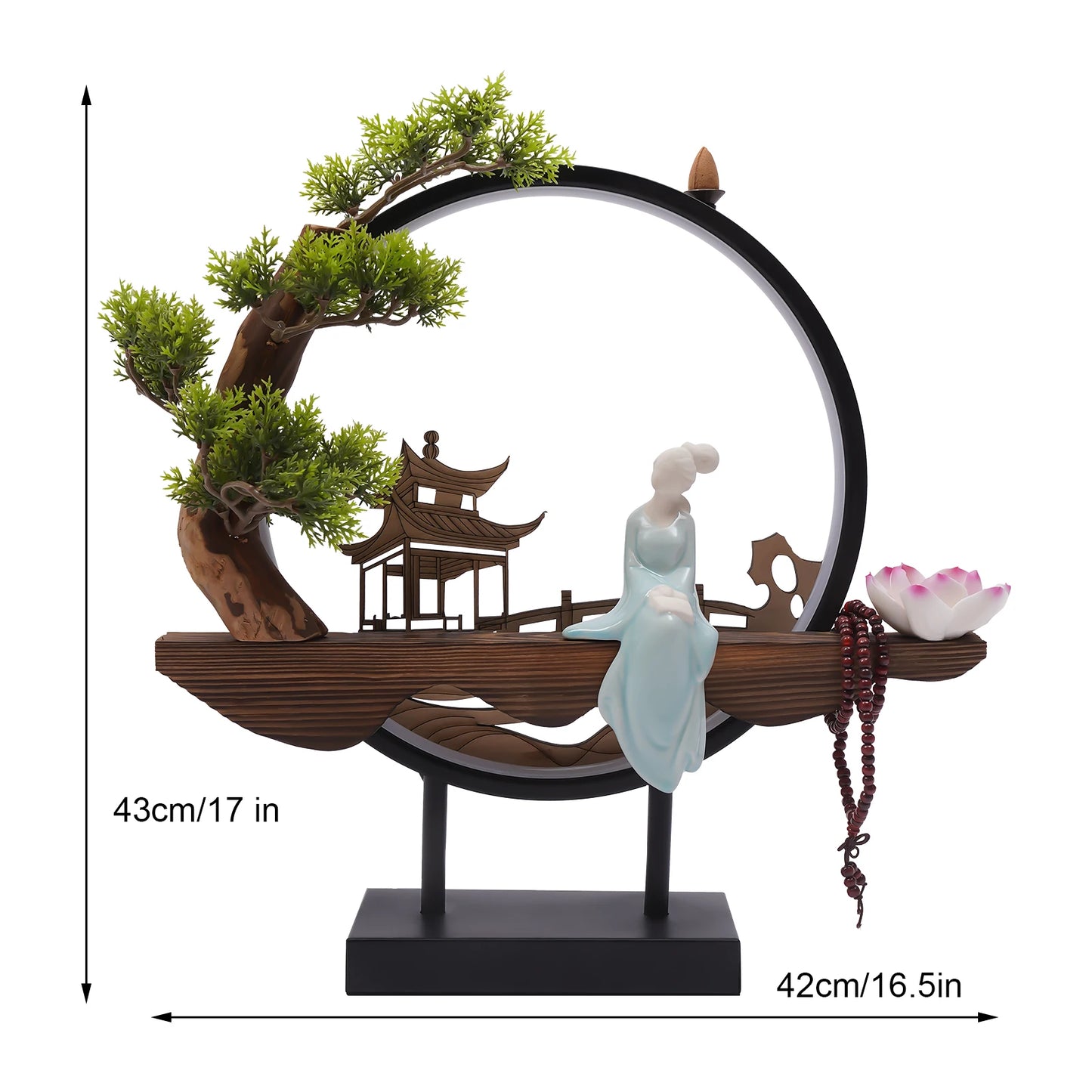 Backflow Incense Holder with LED Light and Pines, Ceramic Lady Chinese Style Backflow Incense Burner Perfect for Relaxing