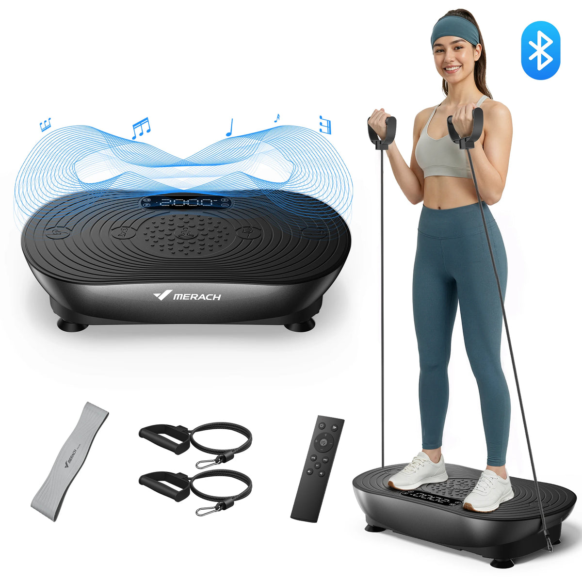 Merach V33 Pro Vibration Plate Exercise Machine with Digital Display, Resistance Bands & Built-in Speakers, Whole Body Workout Weight Loss 350lbs Capacity for Lymphatic Drainage Home Fitness Equipment