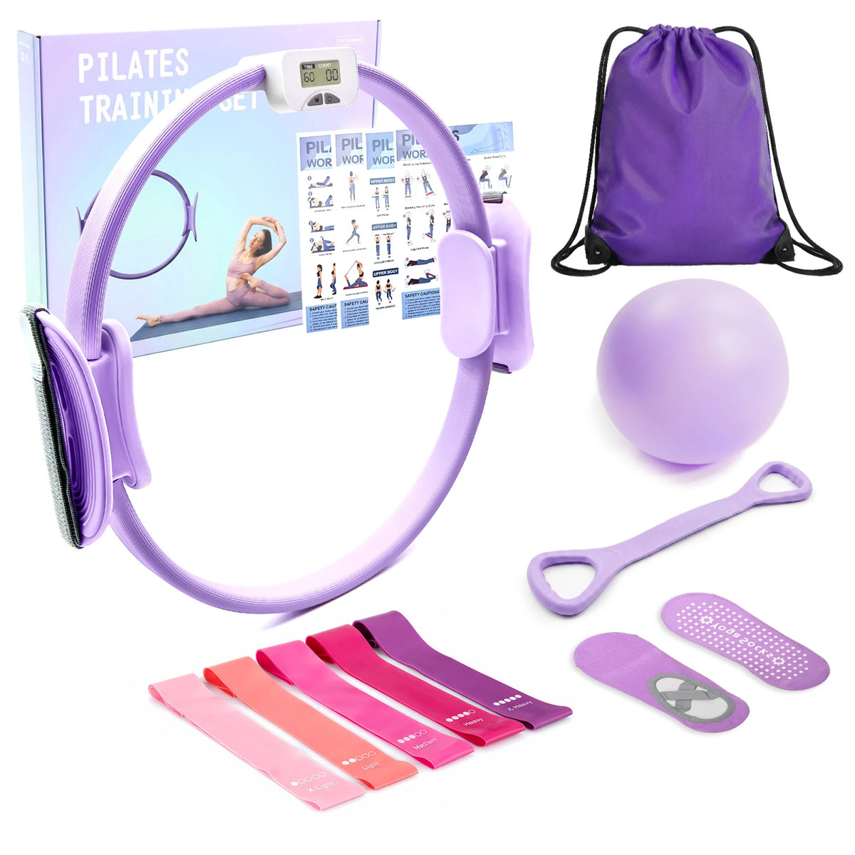MaxU Pilates Ring and Bar Workout Set, Home Resistance Exercise Equipment, Pink or Purple