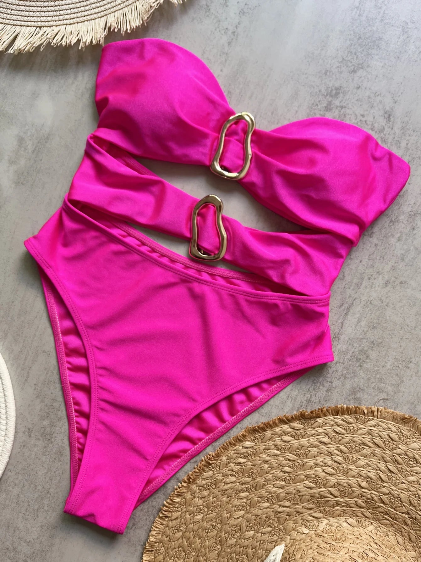 Sexy Metal Rings Cut Out Women Swimwear One Piece Swimsuit Female Bandeau High Leg Cut Bather Bathing Suit Swim B022D