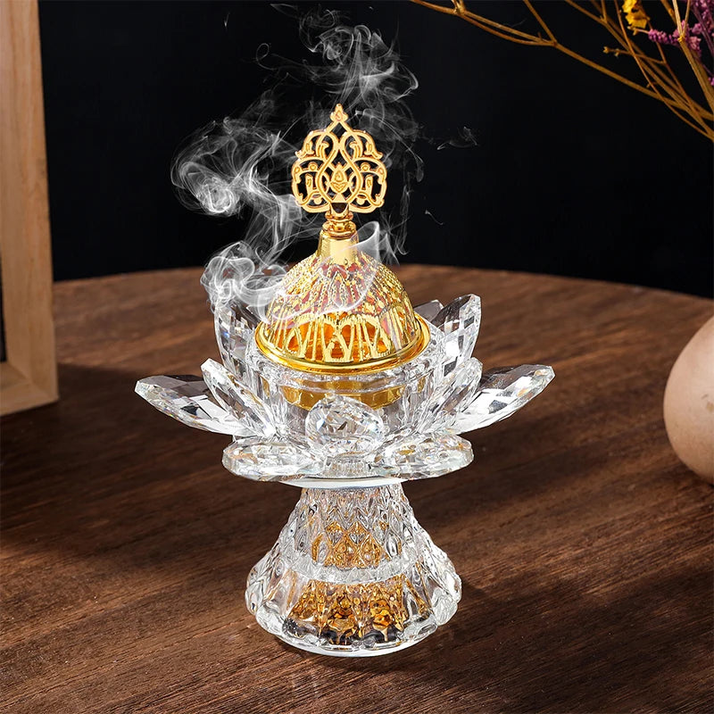 Gold Bright Diamond Lotus Crystal Glass Incense Burner Middle East Aromatherapy Living Room Decoration Arabic Glass Incense Burn
