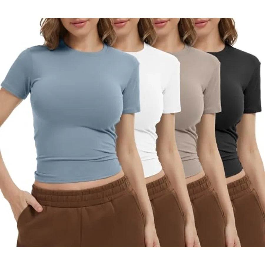 Dalavch 4 Pack Women's Workout Shirts Compression Short Sleeve Crew Neck Running Yoga Gym Athletic Fitted Crop T-Shirts Top