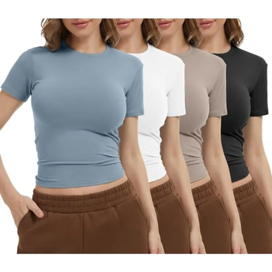 Dalavch 4 Pack Women's Workout Shirts Compression Short Sleeve Crew Neck Running Yoga Gym Athletic Fitted Crop T-Shirts Top
