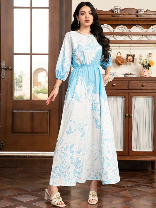 2025 Spring New Arrival: Sweet Floral Print Long Dress - Color-Block Design, Puff Sleeves, Pockets For Spring