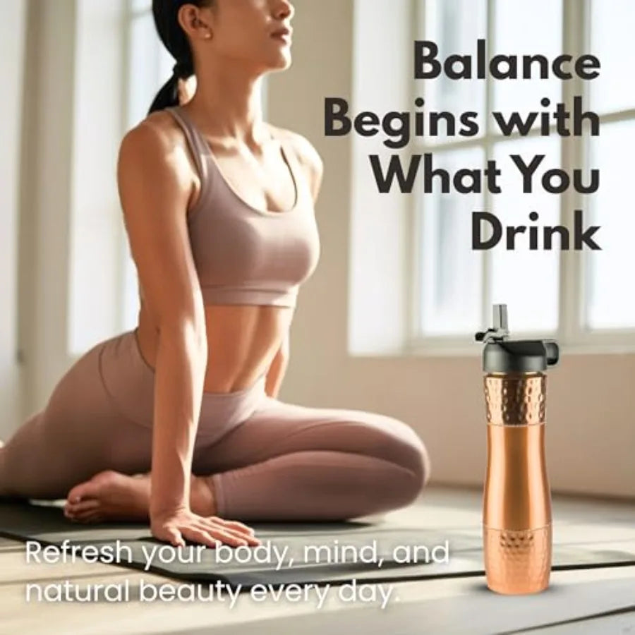 Pure Copper Water Bottle For Drinking Water with Straw and Sports Lid 33.5oz/ 950ml Ayurveda Copper Bottle for Ayurvedic Health