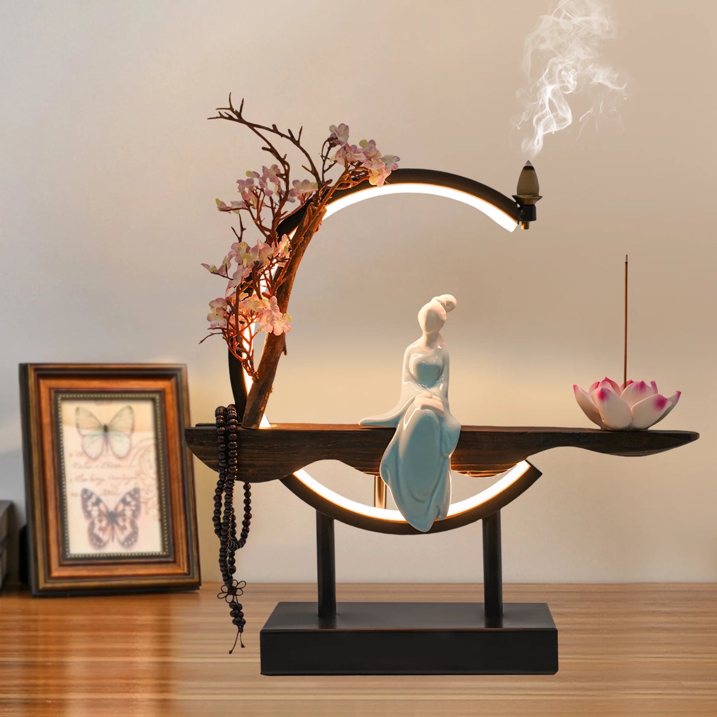 Backflow Incense Burner, Incense Cone Sticks Holder, Iron Decor Porcelain Freestanding 32*10*35cm for Home, Office