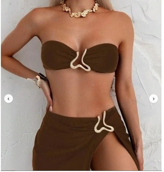 Sexy Solid Strapless Bikini 3 Piece Set Women Metal Split Swimsuit High Waist Beach Skirt 2025 New Summer Swimwear Bikini Set