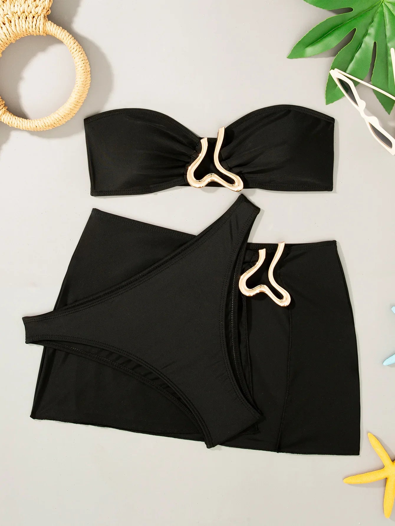 Sexy Solid Strapless Bikini 3 Piece Set Women Metal Split Swimsuit High Waist Beach Skirt 2025 New Summer Swimwear Bikini Set