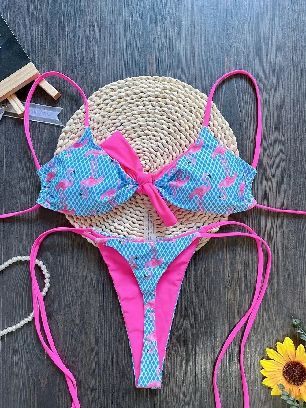 Sexy Grid Flamingo Print Swimsuit Woman 2025 New Two-Piece swimwear Push up Thongs Bikinis Set