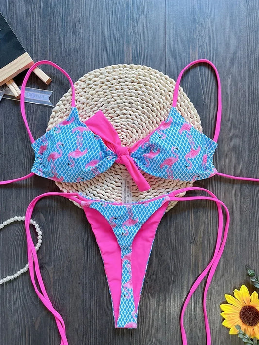 Sexy Grid Flamingo Print Swimsuit Woman 2025 New Two-Piece swimwear Push up Thongs Bikinis Set