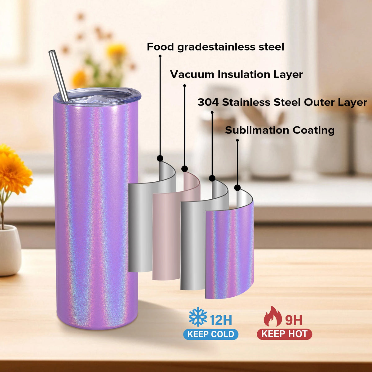 Sublimation Tumblers,12 Pack 20 oz Sublimation Blank Glitter Skinny Tumbler,For Tumbler Press Machine,Coffee,outdoor activities