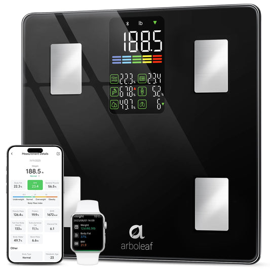 Arboleaf Smart Body Fat Scale 500lb, 5.35" LED Digital Bathroom Scale with 14 Body Composition Metrics, Bluetooth App, 11.8" Large Platform