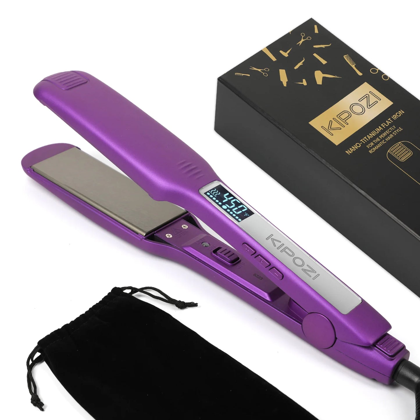 KIPOZI Professional Hair Straightener Titanium Flat Iron with Digital LCD Display Dual Voltage Instant Heating Curling Iron Gift