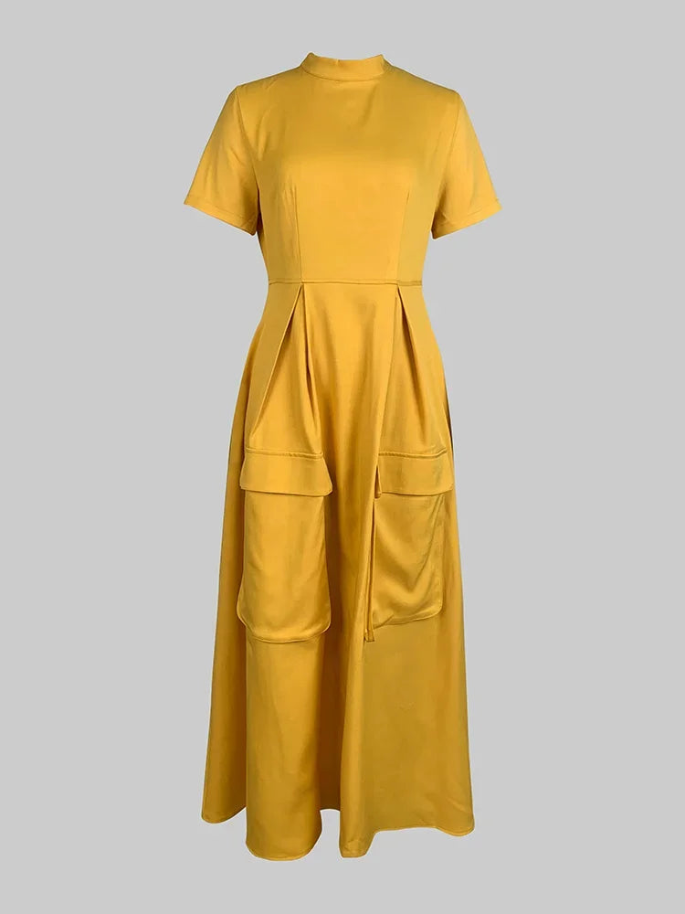 Elegant Yellow Pleated Woman Summer Dress 2025 New Summer Fashion Pockets Female Vestidos Casual High Waist Lady Robe