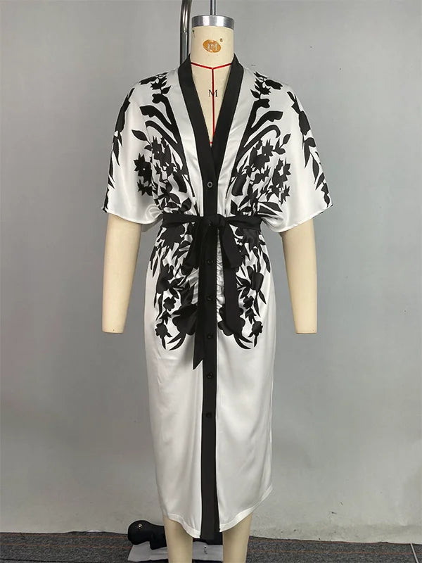 Office Ladies Office A-line Dress 2025 New Summer Half Sleeves Flower Print Printed Tied Waist V-Neck Women's Midi Dresses