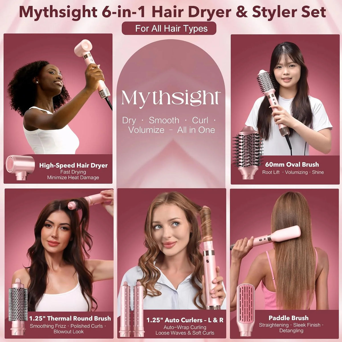 Mythsight 6-in-1 Air Styler & Hair Dryer Brush, Auto-Wrap Curler L/R, Fast Drying Volumizing Hot Air Brush, Smooth Blowout, Root Lift, No Heat Damage, Anti-Frizz, Gifts for Women