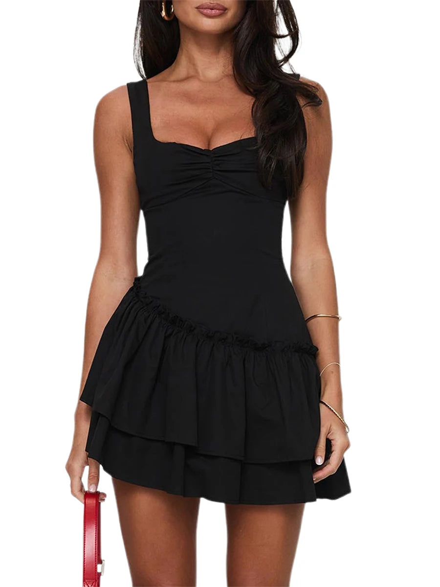 Elegant V-Neck Sleeveless Pleated Tie-Waist Solid Color A-Line Dress Women s Backless Summer Mini Slip Dress