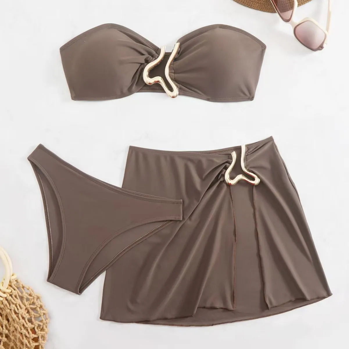 Sexy Solid Strapless Bikini 3 Piece Set Women Metal Split Swimsuit High Waist Beach Skirt 2025 New Summer Swimwear Bikini Set