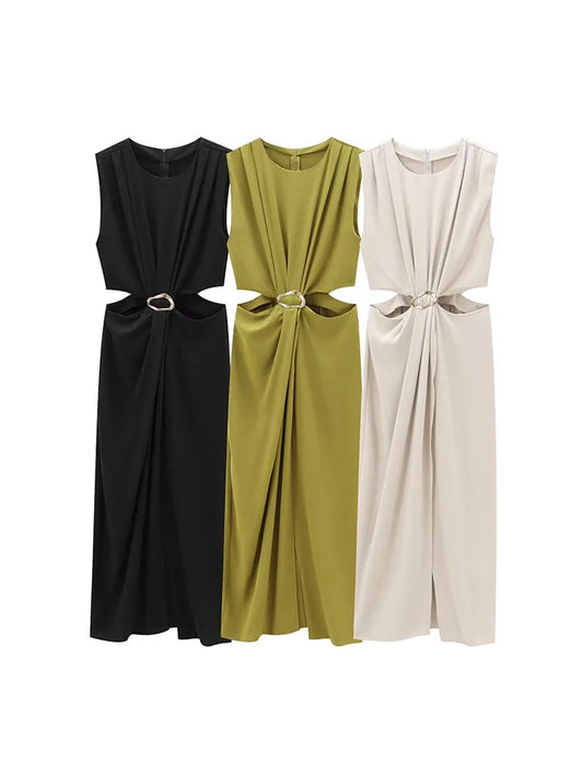 2025 Women's Autumn and Winter New Arrivals Fashion Temperament Open Design Buckle Decoration Sleeveless Long Dress