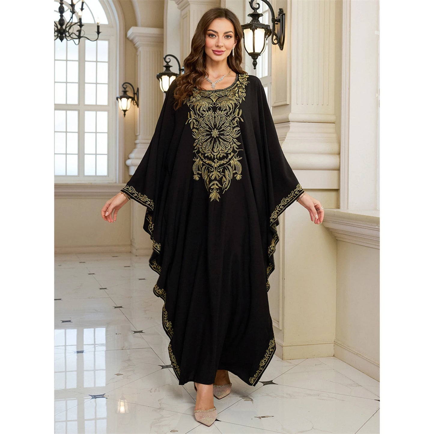 Women s Long Sleeve Floral Embroidered Beach Cover Up Dress with Round Neckline and Loose Fit for Arabic Style Beachwear