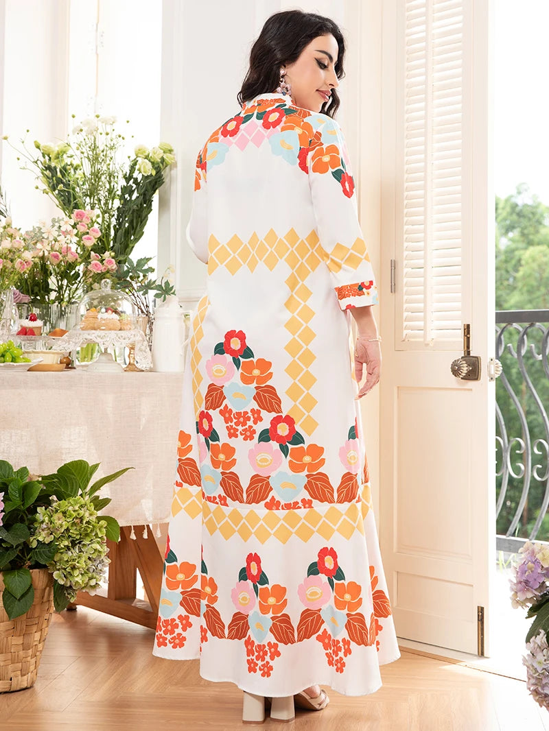 2025 Spring New Arrival: Sweet Vacation-Style V-Neck Floral Color-Blocked Long-Sleeved Midi Dress