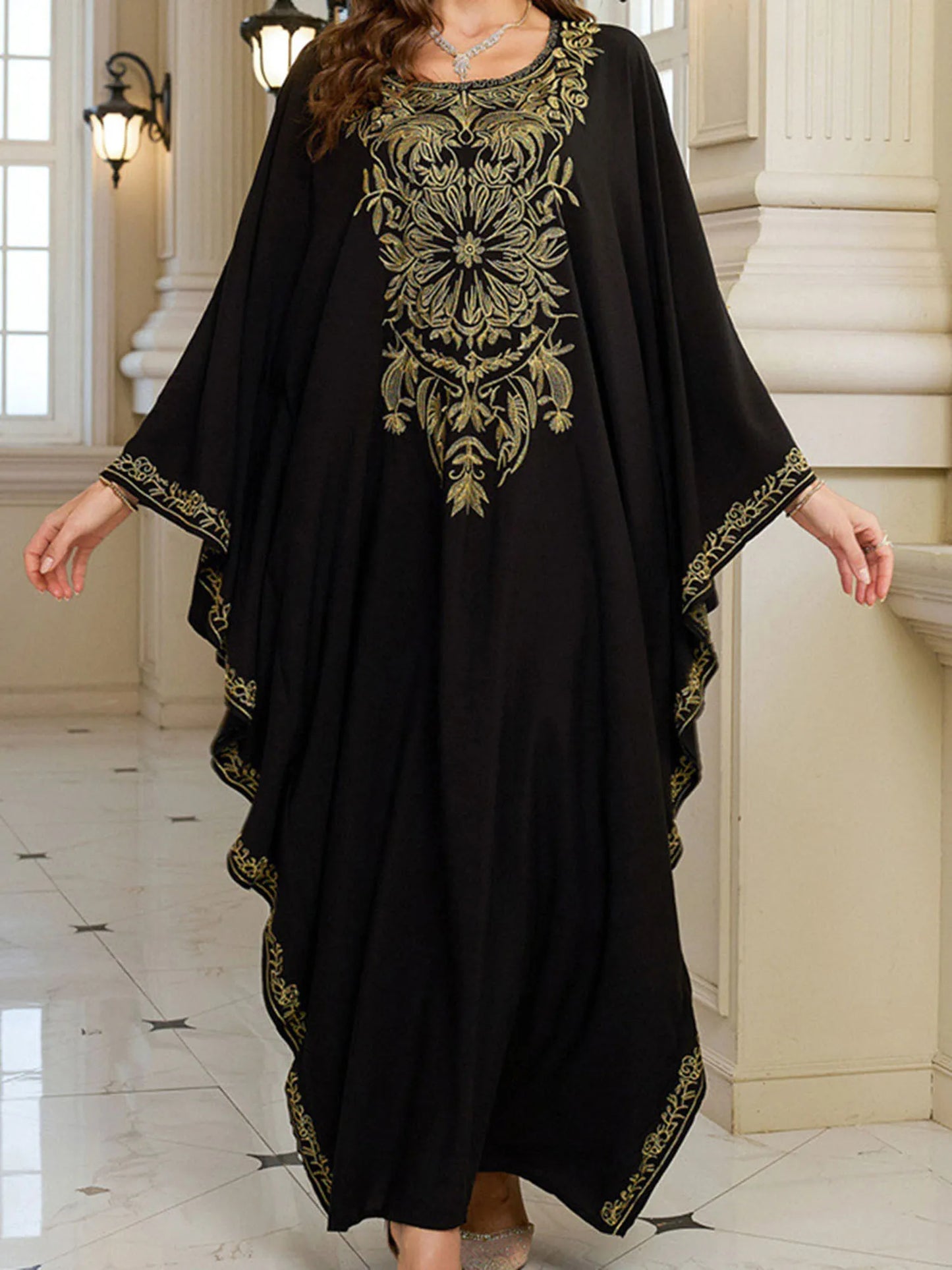 Women s Long Sleeve Floral Embroidered Beach Cover Up Dress with Round Neckline and Loose Fit for Arabic Style Beachwear