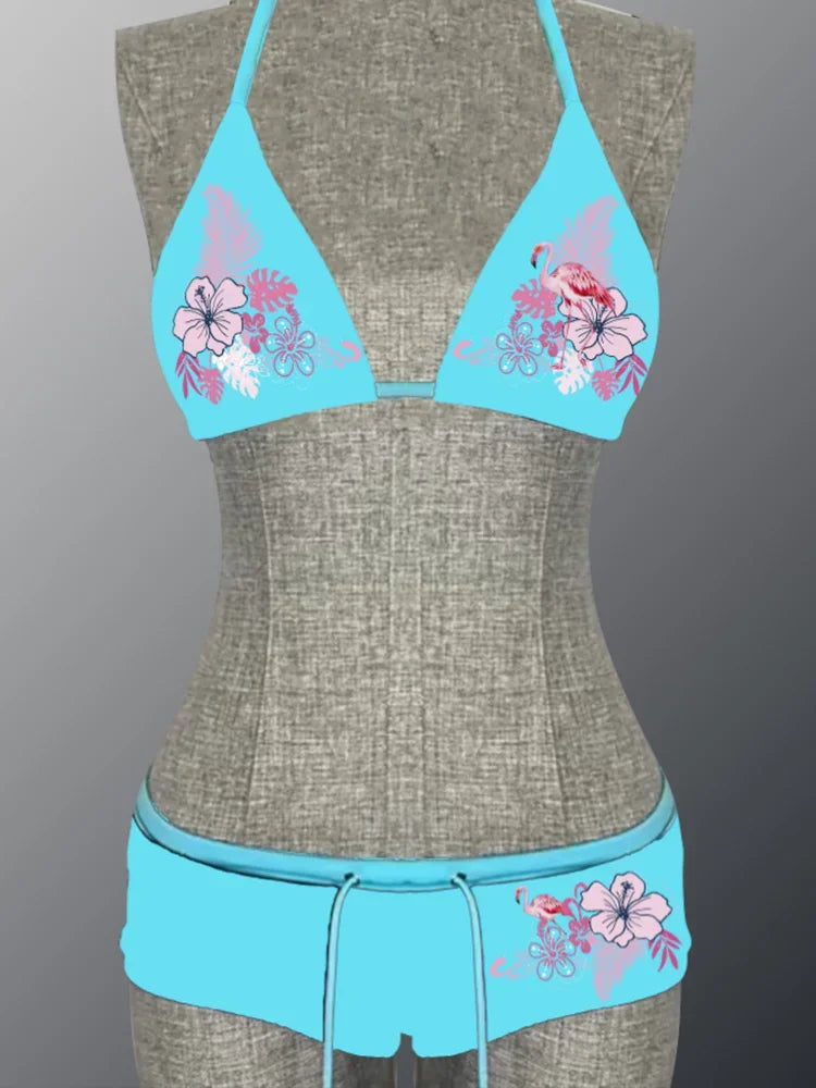 Sexy Hottie Print Laced Up Backless Bikini 2 Piece Set Women Split Swimsuit Beach Bikini 2025 New Summer Swimwear Bikinis Set