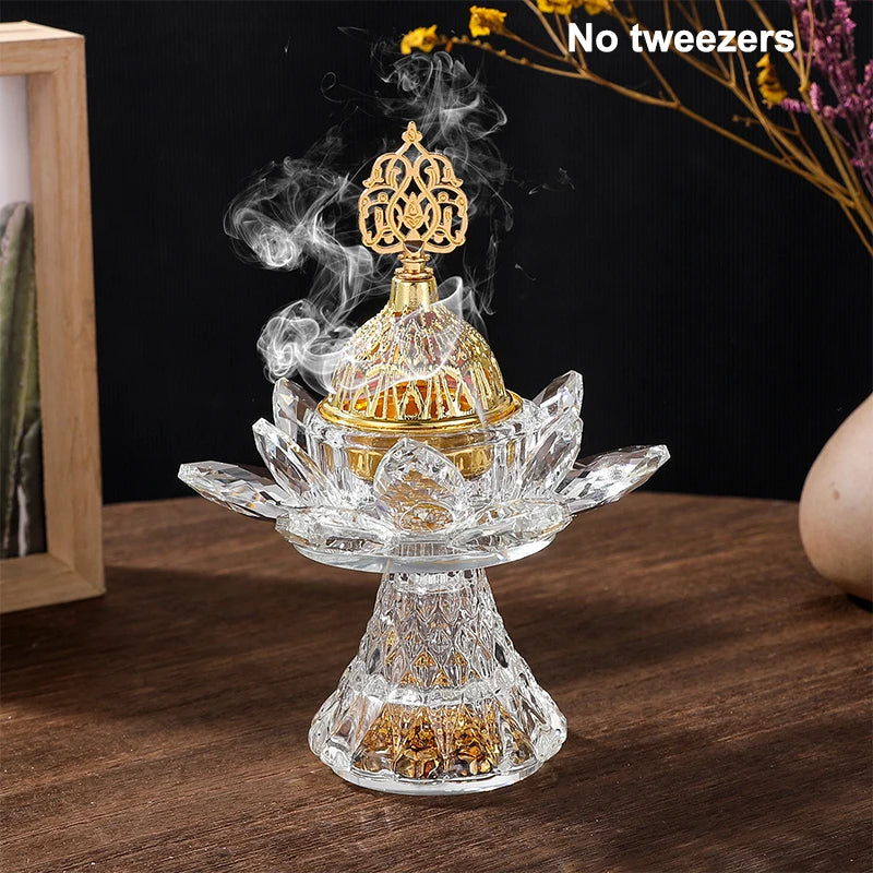 Gold Bright Diamond Lotus Crystal Glass Incense Burner Middle East Aromatherapy Living Room Decoration Arabic Glass Incense Burn