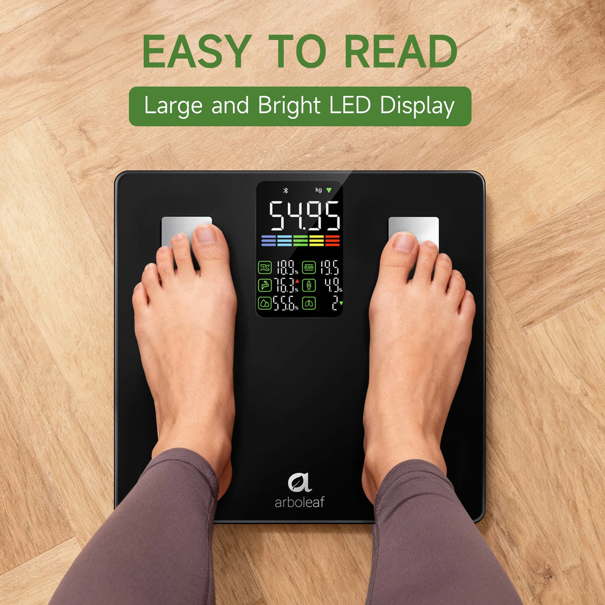 Arboleaf Smart Body Fat Scale 500lb, 5.35" LED Digital Bathroom Scale with 14 Body Composition Metrics, Bluetooth App, 11.8" Large Platform