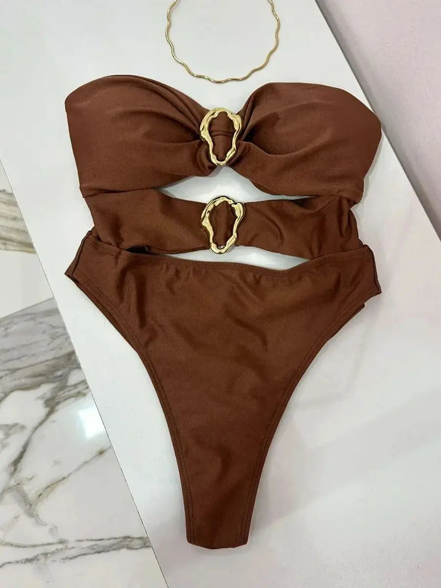 Sexy Metal Rings Cut Out Women Swimwear One Piece Swimsuit Female Bandeau High Leg Cut Bather Bathing Suit Swim B022D