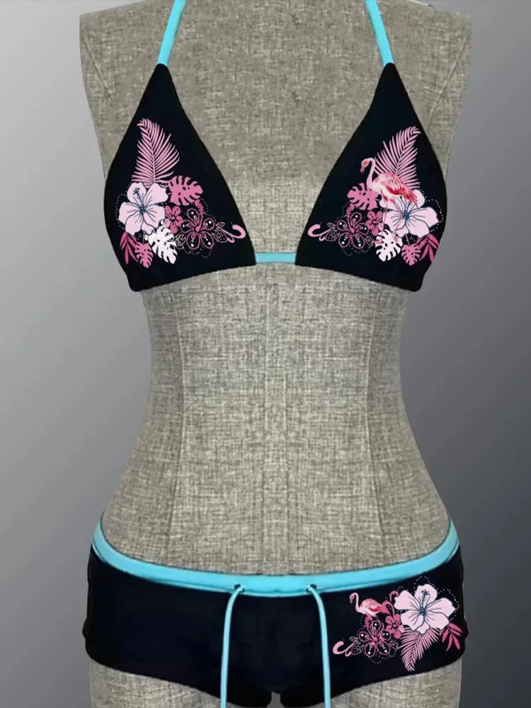 Sexy Hottie Print Laced Up Backless Bikini 2 Piece Set Women Split Swimsuit Beach Bikini 2025 New Summer Swimwear Bikinis Set