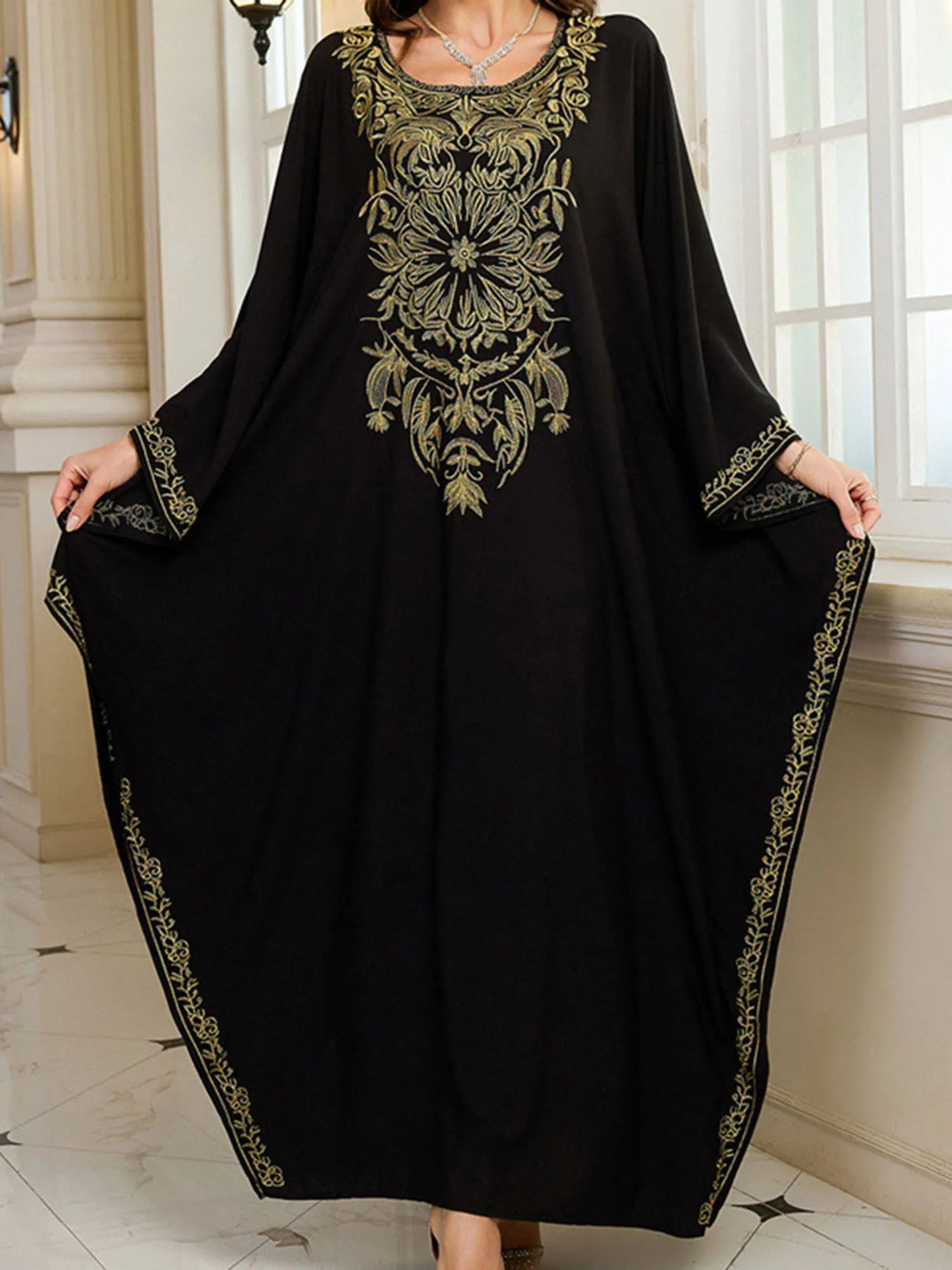 Women s Long Sleeve Floral Embroidered Beach Cover Up Dress with Round Neckline and Loose Fit for Arabic Style Beachwear