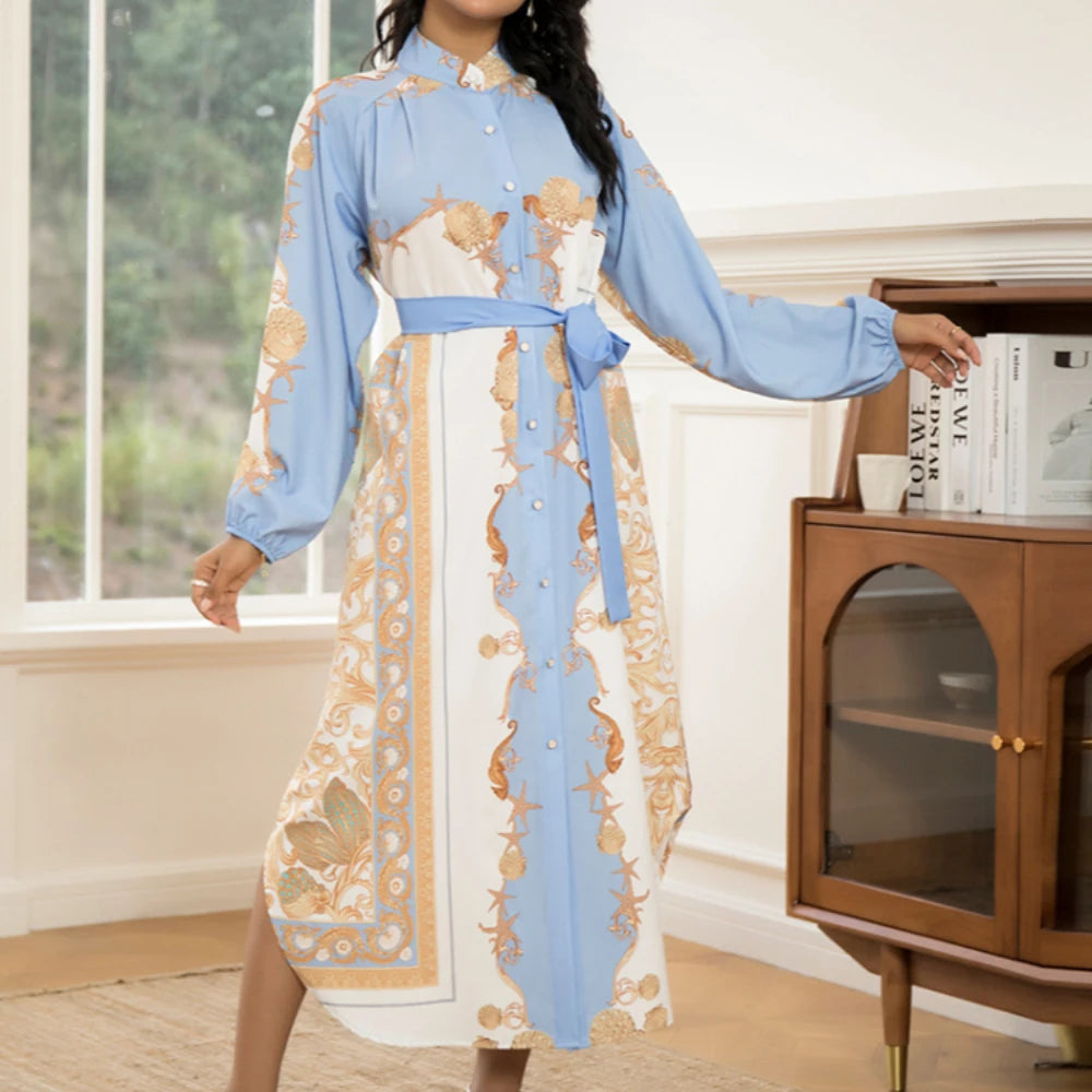 Elegant Women's Long-Sleeve Dress with Belt - Chic Geometric Print, High-Quality Polyester, Perfect for All Seasons