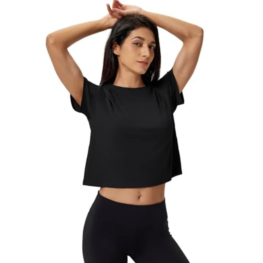 MAGCOMSEN Workout Crop Tops for Women Short Sleeve Cotton Athletic Yoga Top Loose Casual Crewneck Cropped T Shirts