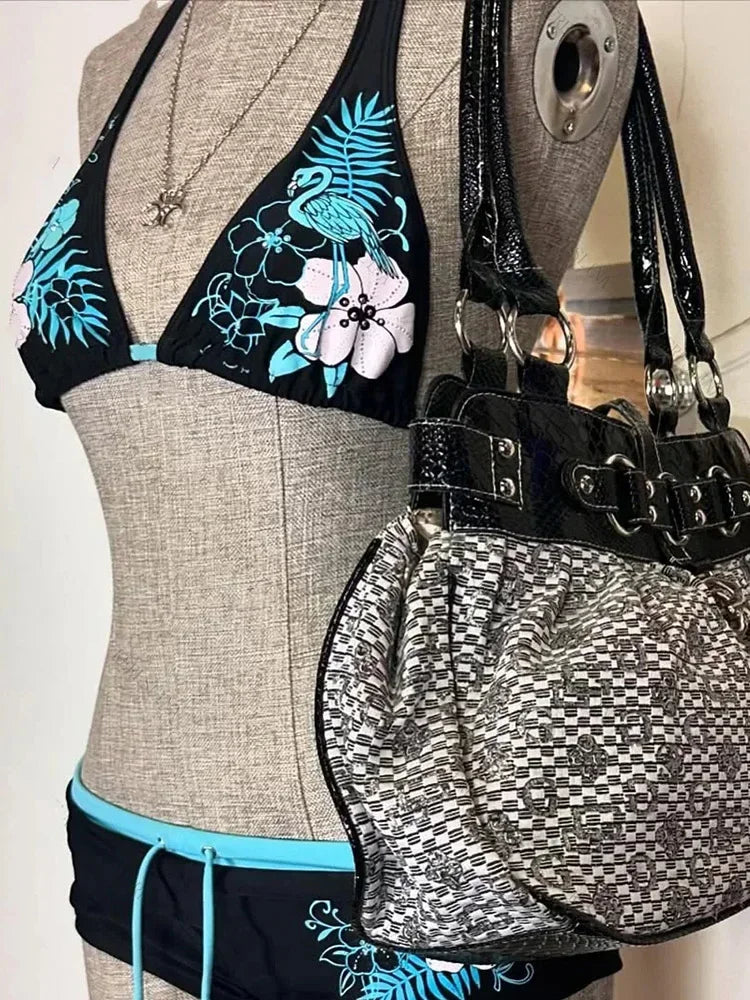 Sexy Hottie Print Laced Up Backless Bikini 2 Piece Set Women Split Swimsuit Beach Bikini 2025 New Summer Swimwear Bikinis Set