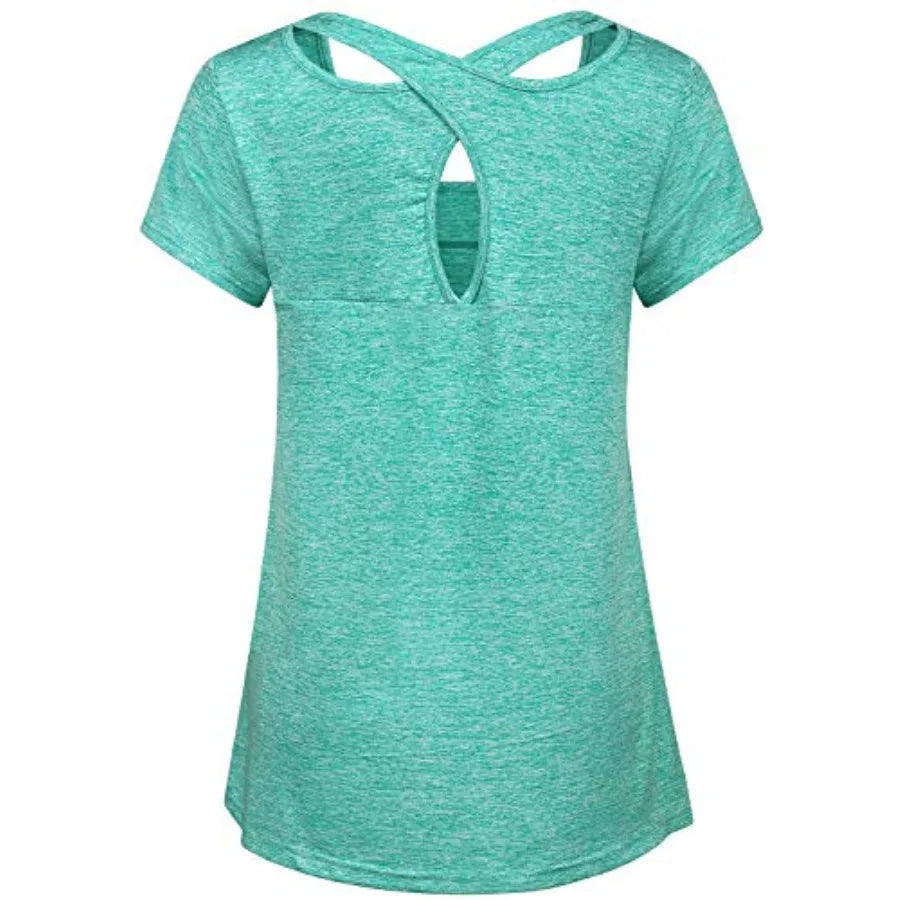 Kimmery Woman Short Sleeve Round Neck Criss Cross Back Yoga Shirt