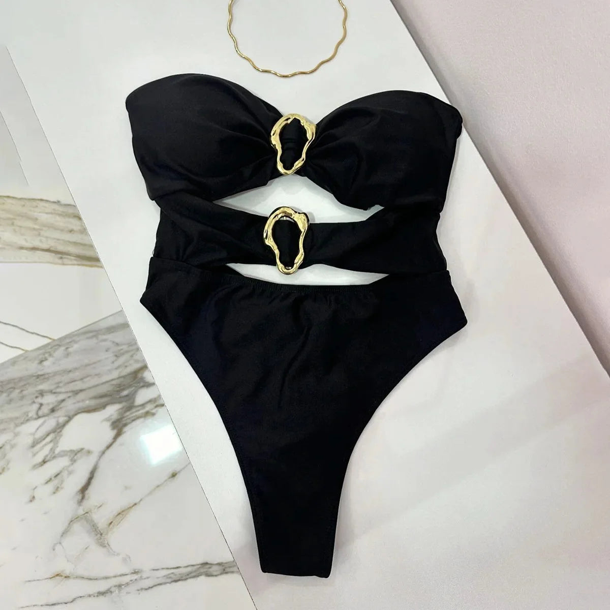 Sexy Metal Rings Cut Out Women Swimwear One Piece Swimsuit Female Bandeau High Leg Cut Bather Bathing Suit Swim B022D