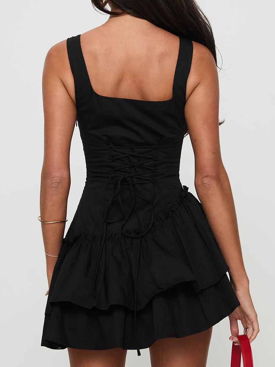 Elegant V-Neck Sleeveless Pleated Tie-Waist Solid Color A-Line Dress Women s Backless Summer Mini Slip Dress