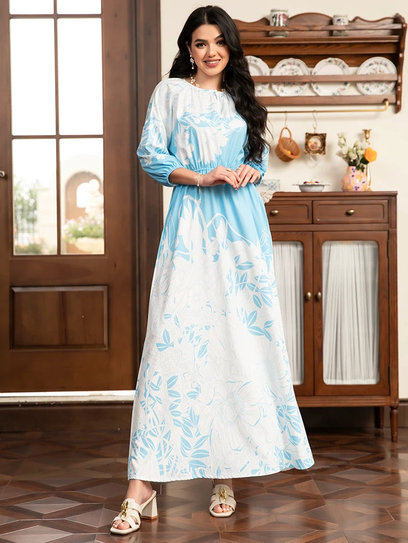 2025 Spring New Arrival: Sweet Floral Print Long Dress - Color-Block Design, Puff Sleeves, Pockets For Spring