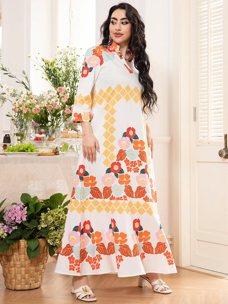 2025 Spring New Arrival: Sweet Vacation-Style V-Neck Floral Color-Blocked Long-Sleeved Midi Dress