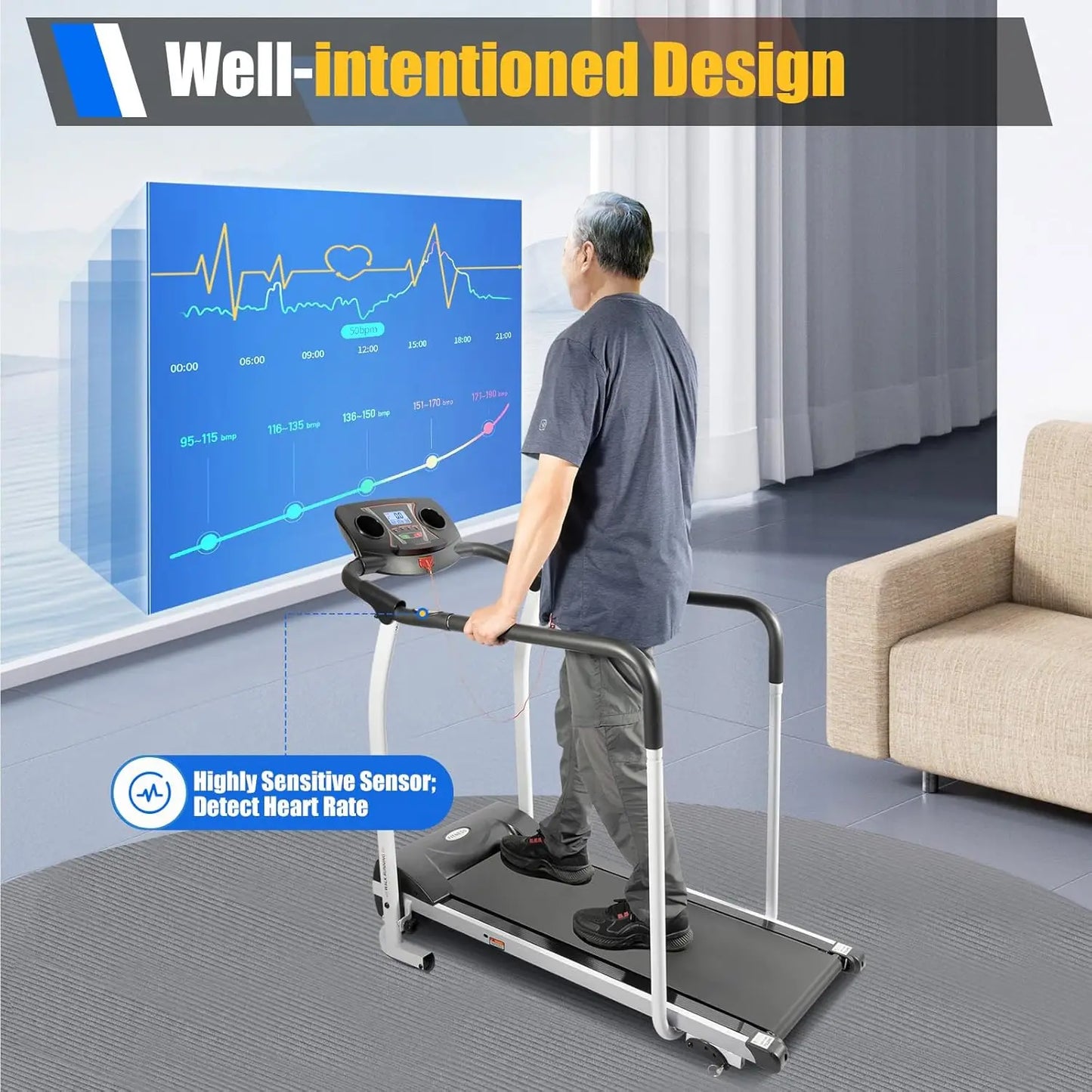 Walking Treadmill for Seniors – Home Treadmill with Handrails & Heart Rate Sensor, Low-Impact Fitness Machine for Recovery
