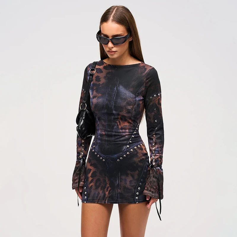 2025 Autumn And Winter New Women's Fashion Leopard Print Slim Flared Long-Sleeved Package Hip Short Skirt Dresses Y2K